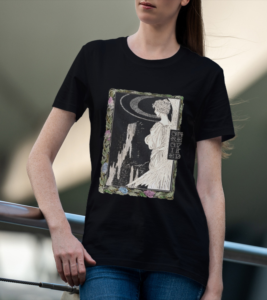 Angel Nouveau Unraveled Floral Frame Illustrative Art Winged Celestial Figure T-Shirt