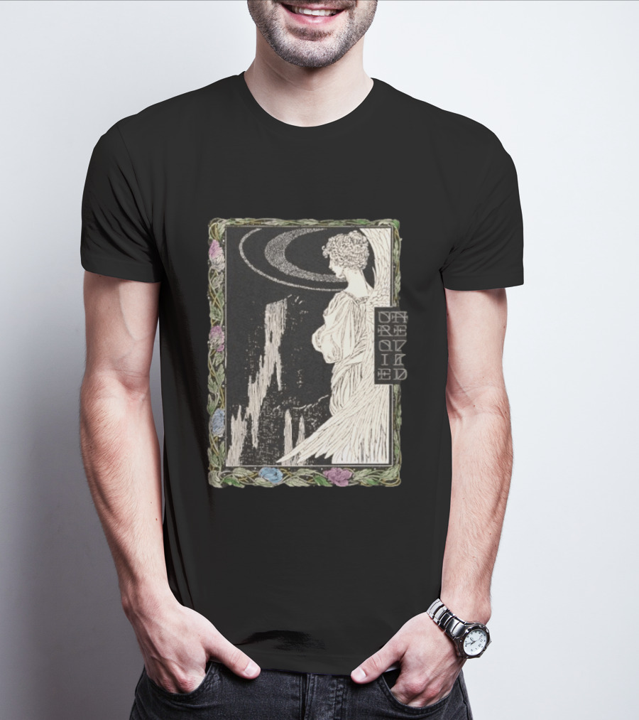 Angel Nouveau Unraveled Floral Frame Illustrative Art Winged Celestial Figure T-Shirt