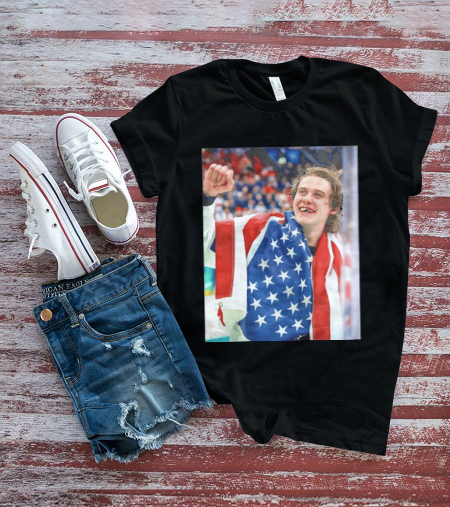 Jack Hughes USA Hockey World Champs 2026 Victory Celebration American Flag T-Shirt