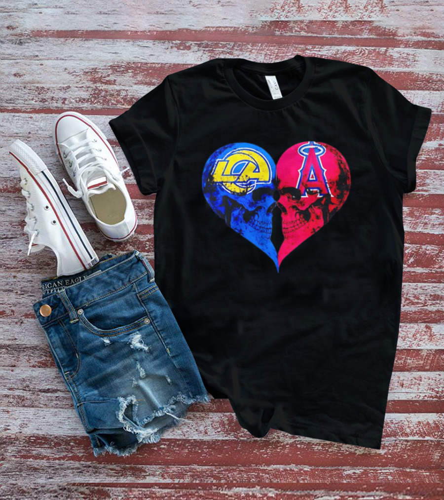 Los Angeles Rams Vs Los Angeles Angels Skulls Heart Face To Face Distressed T-Shirt