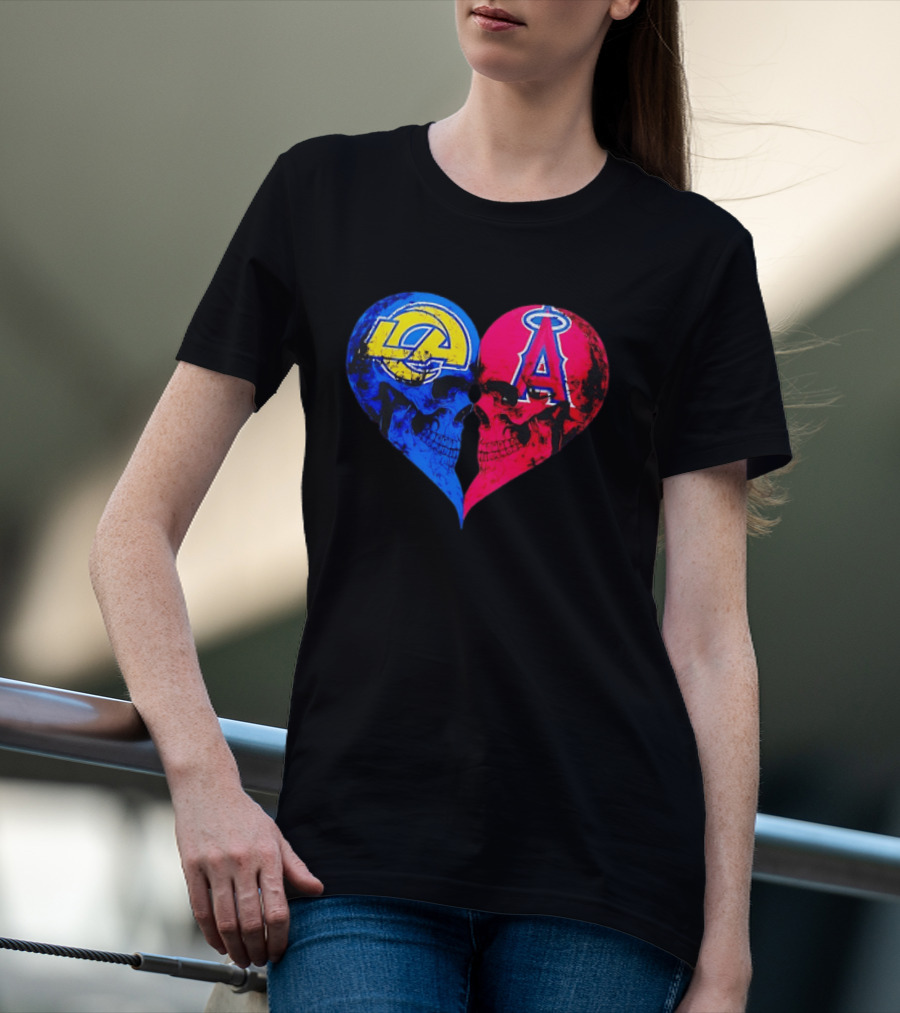 Los Angeles Rams Vs Los Angeles Angels Skulls Heart Face To Face Distressed T-Shirt
