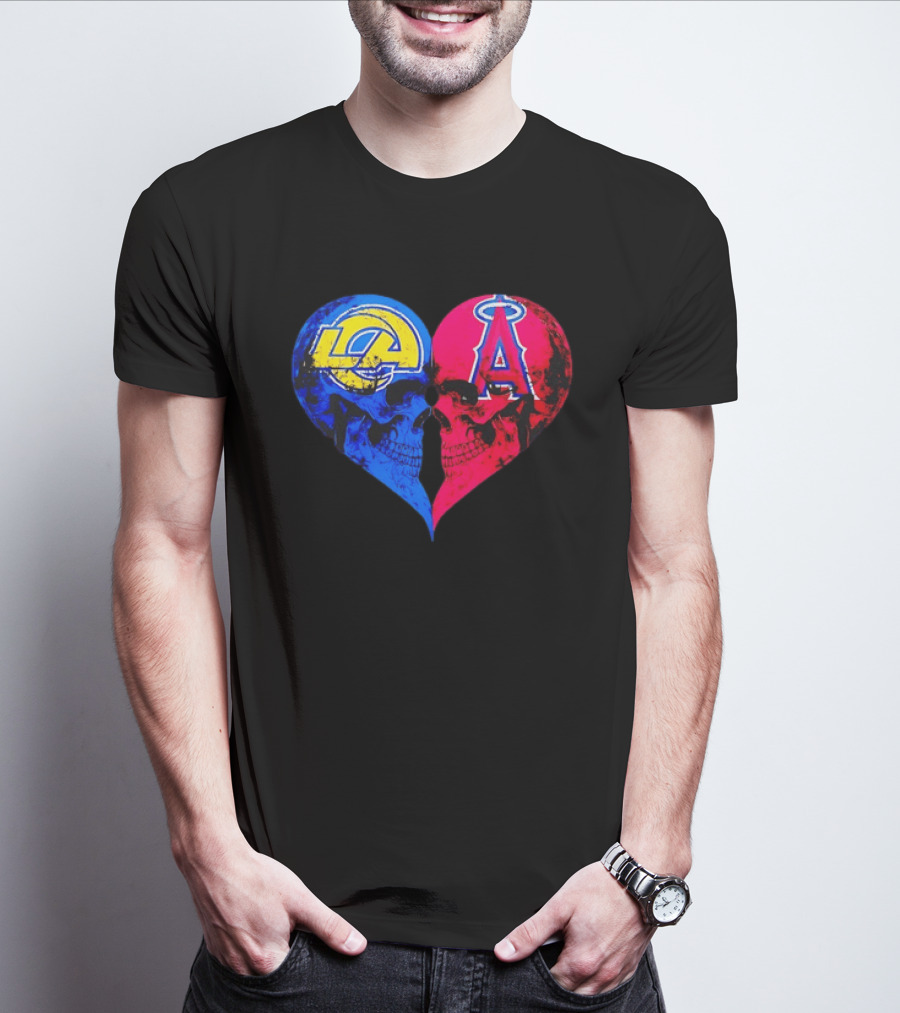 Los Angeles Rams Vs Los Angeles Angels Skulls Heart Face To Face Distressed T-Shirt