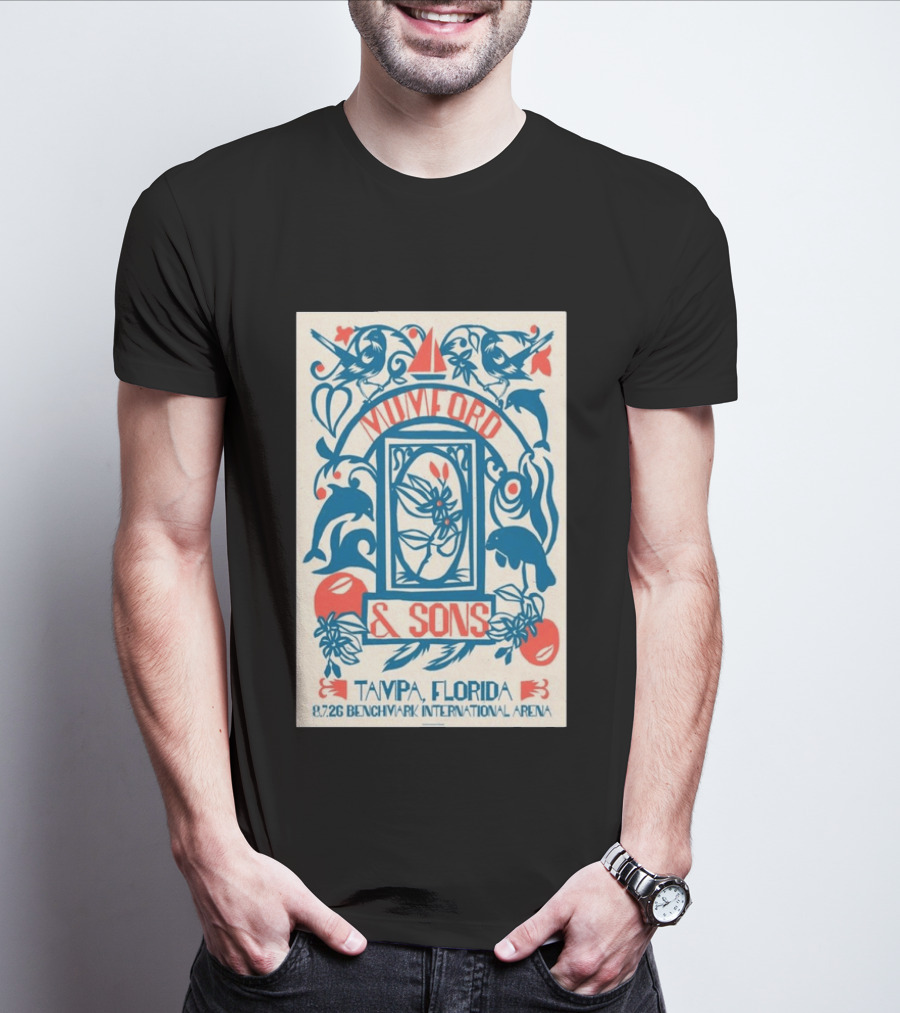 Mumford & Sons August 7 2026 Benchmark International Arena Tampa Florida With Dolphins And Floral Motif T-Shirt