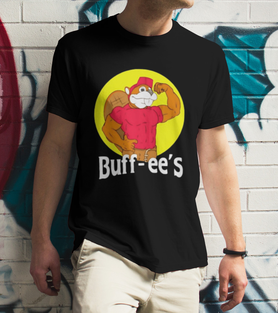 Buff Ee's Strong Muscular Beaver Character In Red Outfit T-Shirt