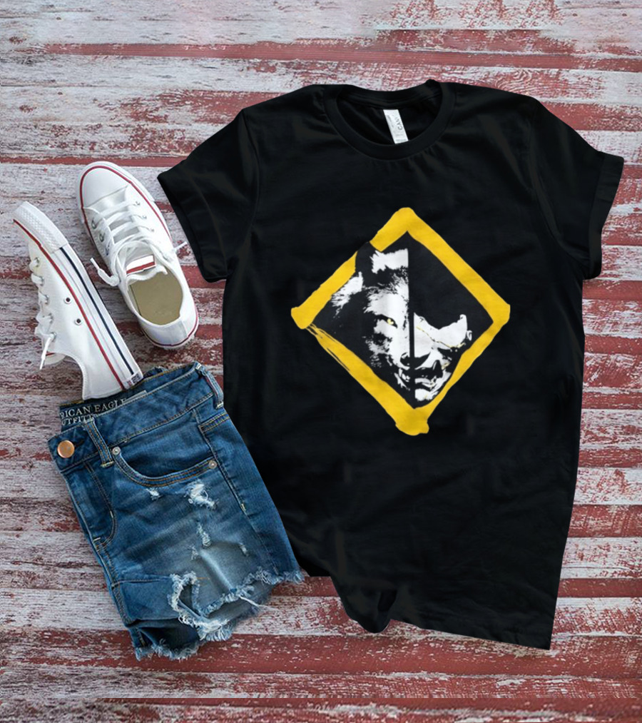 Wolf And Boar Split Face Diamond Yellow Border T-Shirt