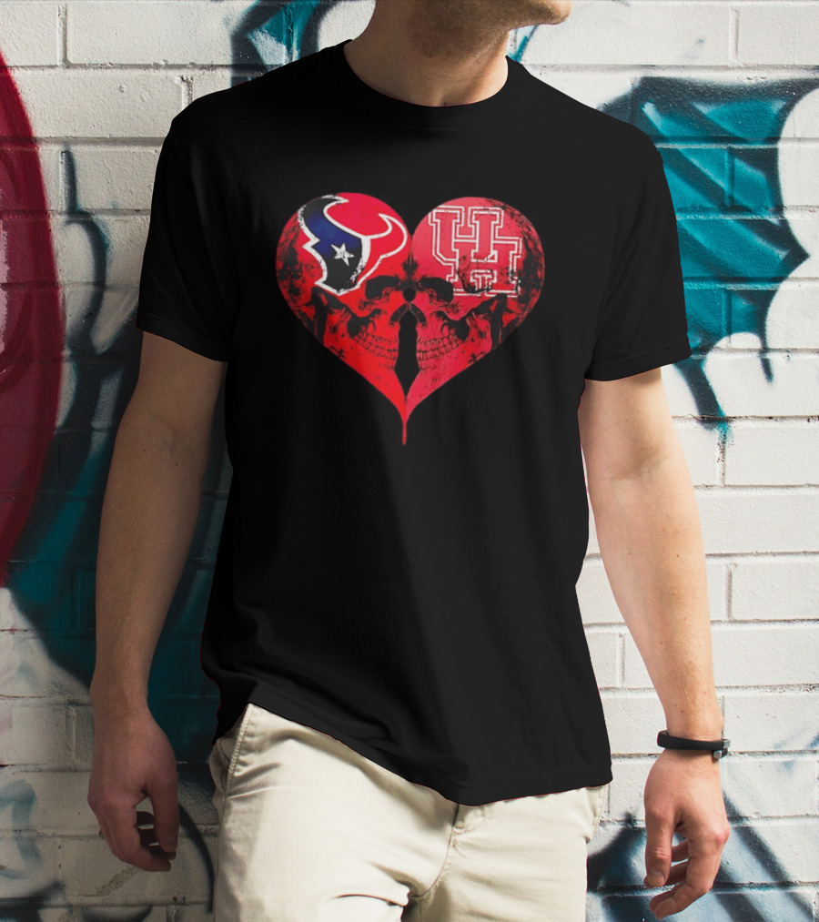 Houston Texans University Of Houston Cougars Heart Shaped Skulls Football Fans T-Shirt