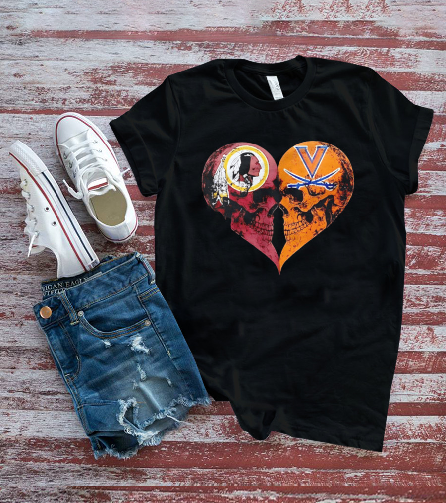 Washington Redskins Virginia Cavaliers Skulls Face To Face Heart Shape Distressed T-Shirt