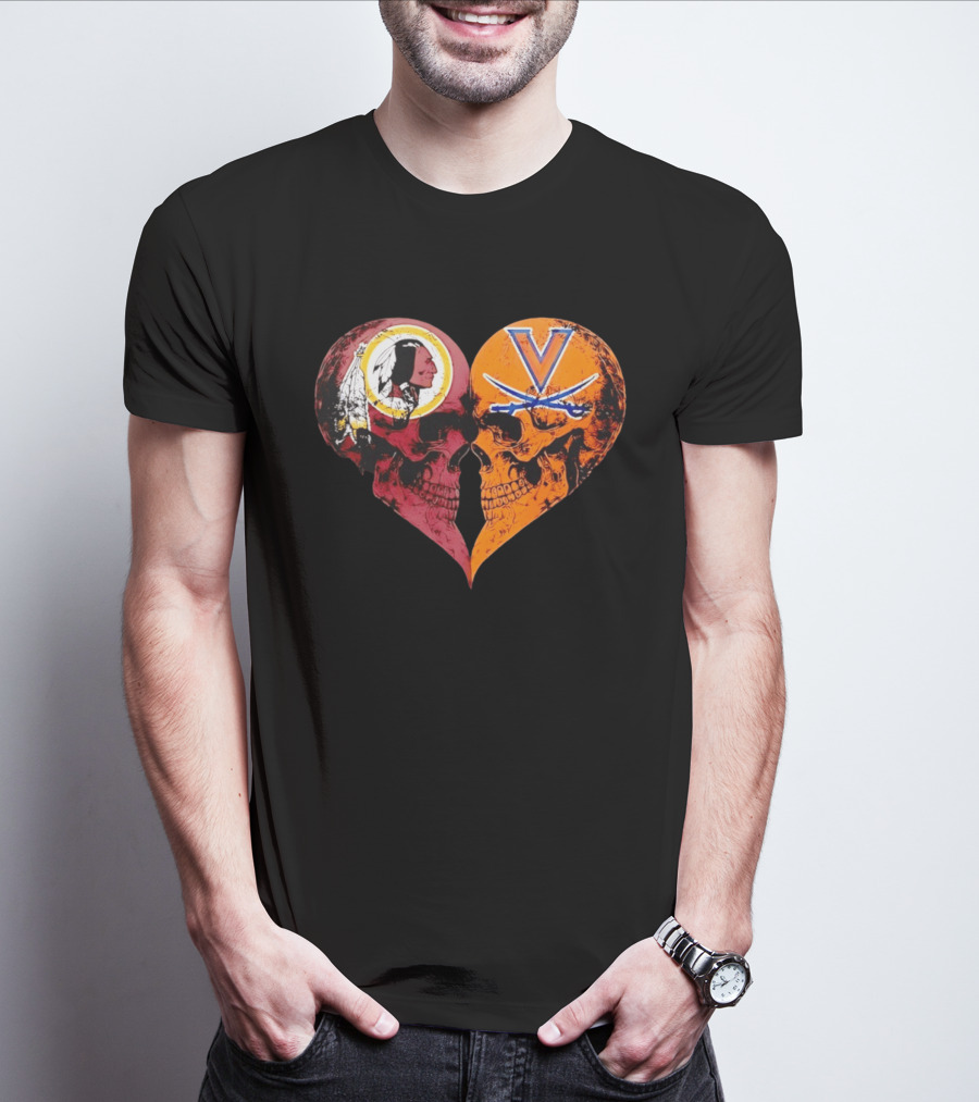 Washington Redskins Virginia Cavaliers Skulls Face To Face Heart Shape Distressed T-Shirt