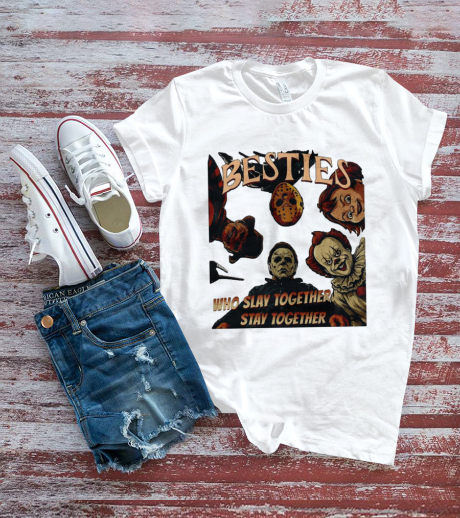 BESTIES Horror Movie Characters Mask Iconic Slayers Pennywise Knife Doll Together T-Shirt