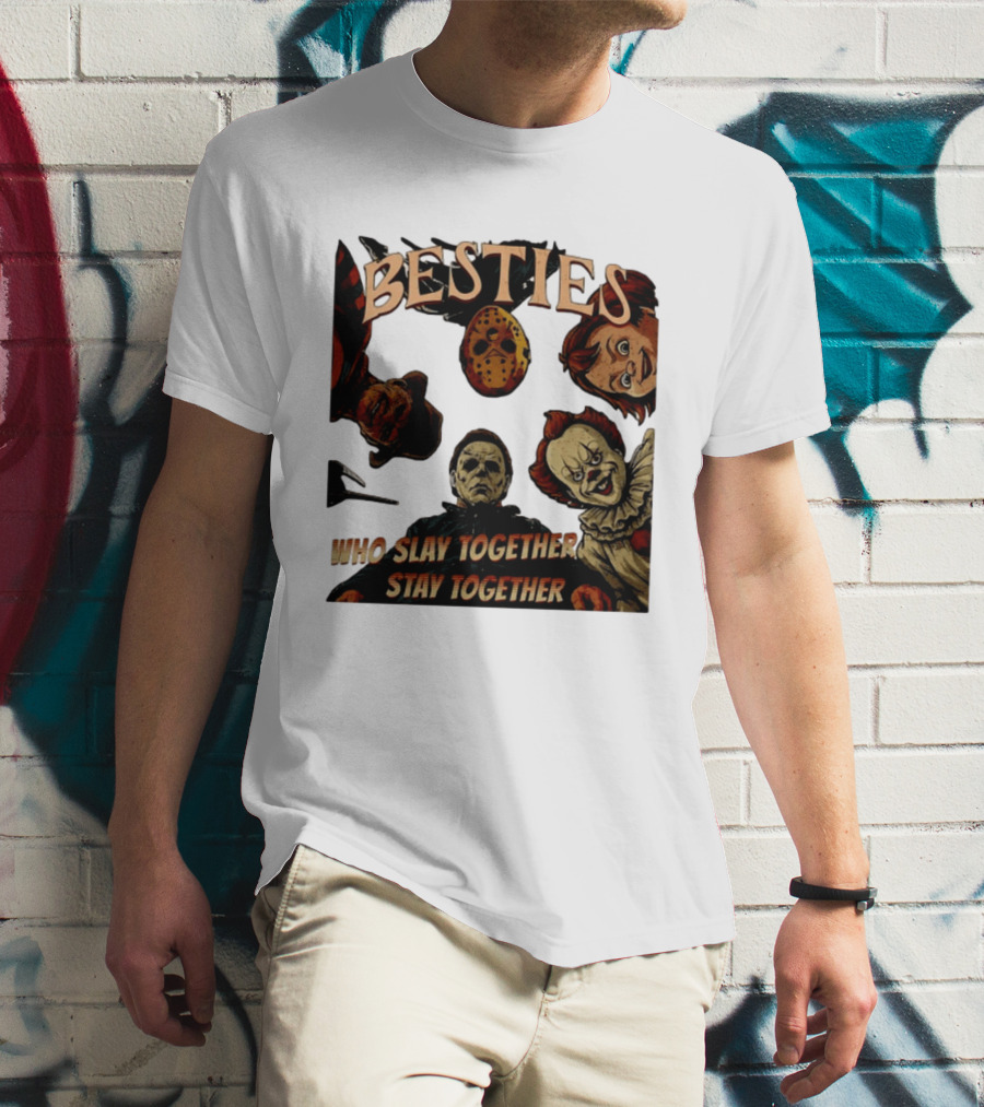 BESTIES Horror Movie Characters Mask Iconic Slayers Pennywise Knife Doll Together T-Shirt
