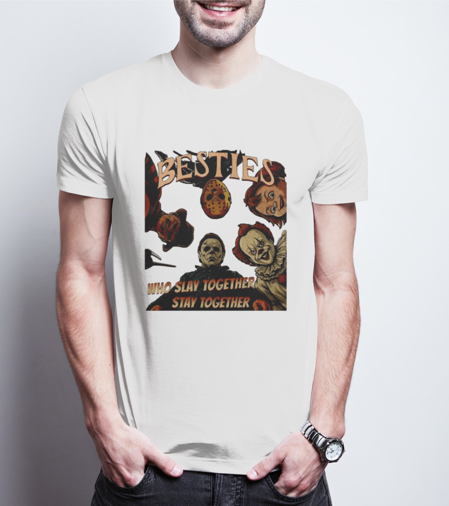 BESTIES Horror Movie Characters Mask Iconic Slayers Pennywise Knife Doll Together T-Shirt