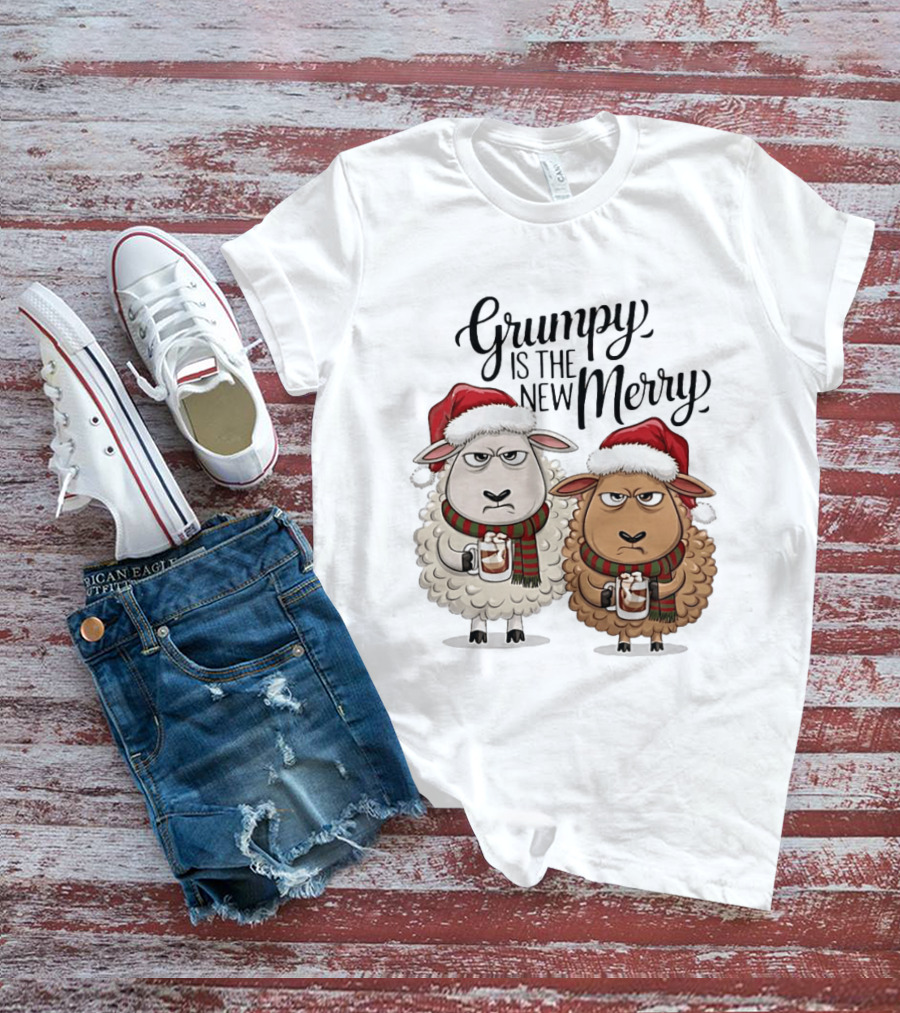 Grumpy Is The New Merry Christmas Sheep Santa Hat Holiday Humor T-Shirt