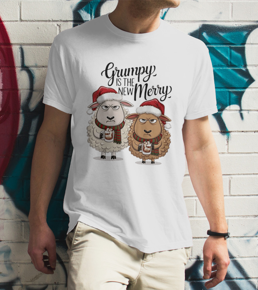 Grumpy Is The New Merry Christmas Sheep Santa Hat Holiday Humor T-Shirt