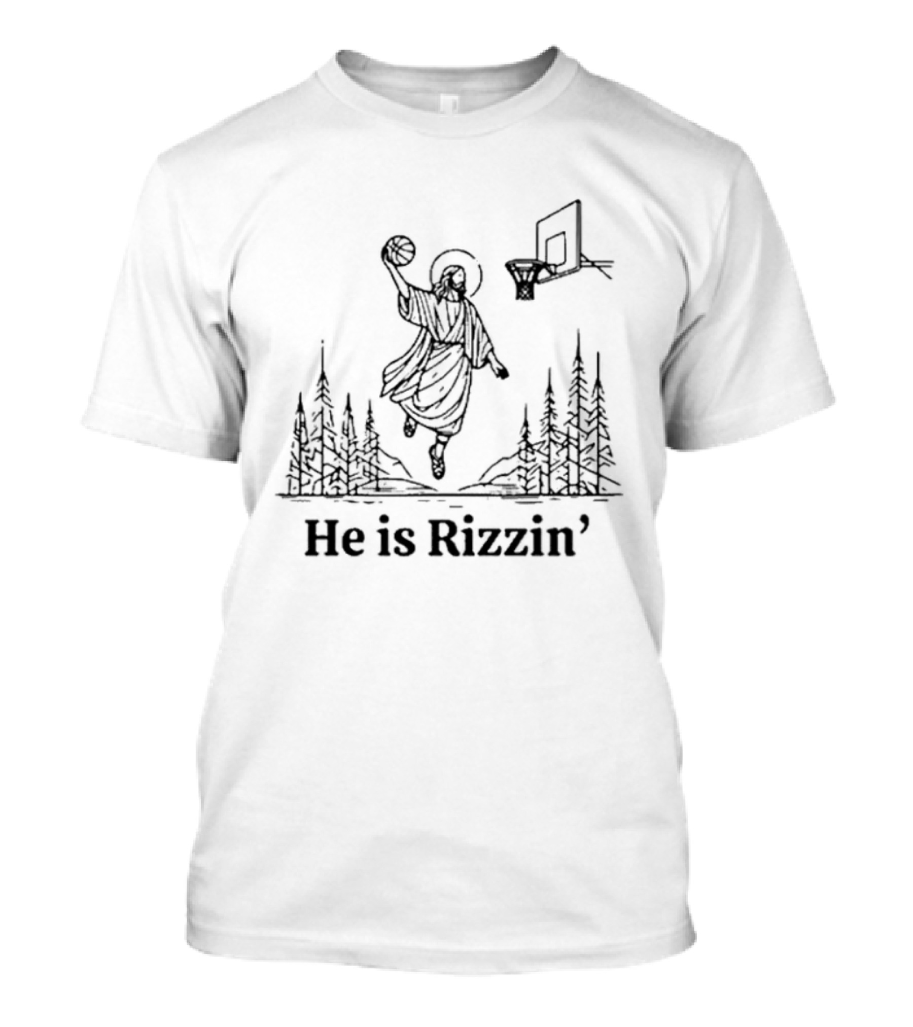 He Is Rizzin Basketball Angel Easter Forest Scene T-Shirt
