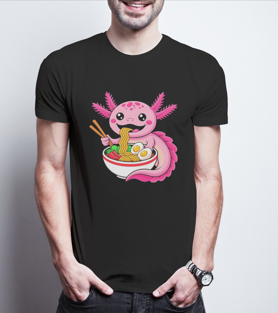 Axolotl Eating Ramen Kawaii Style With Chopsticks And Eggs T-Shirt