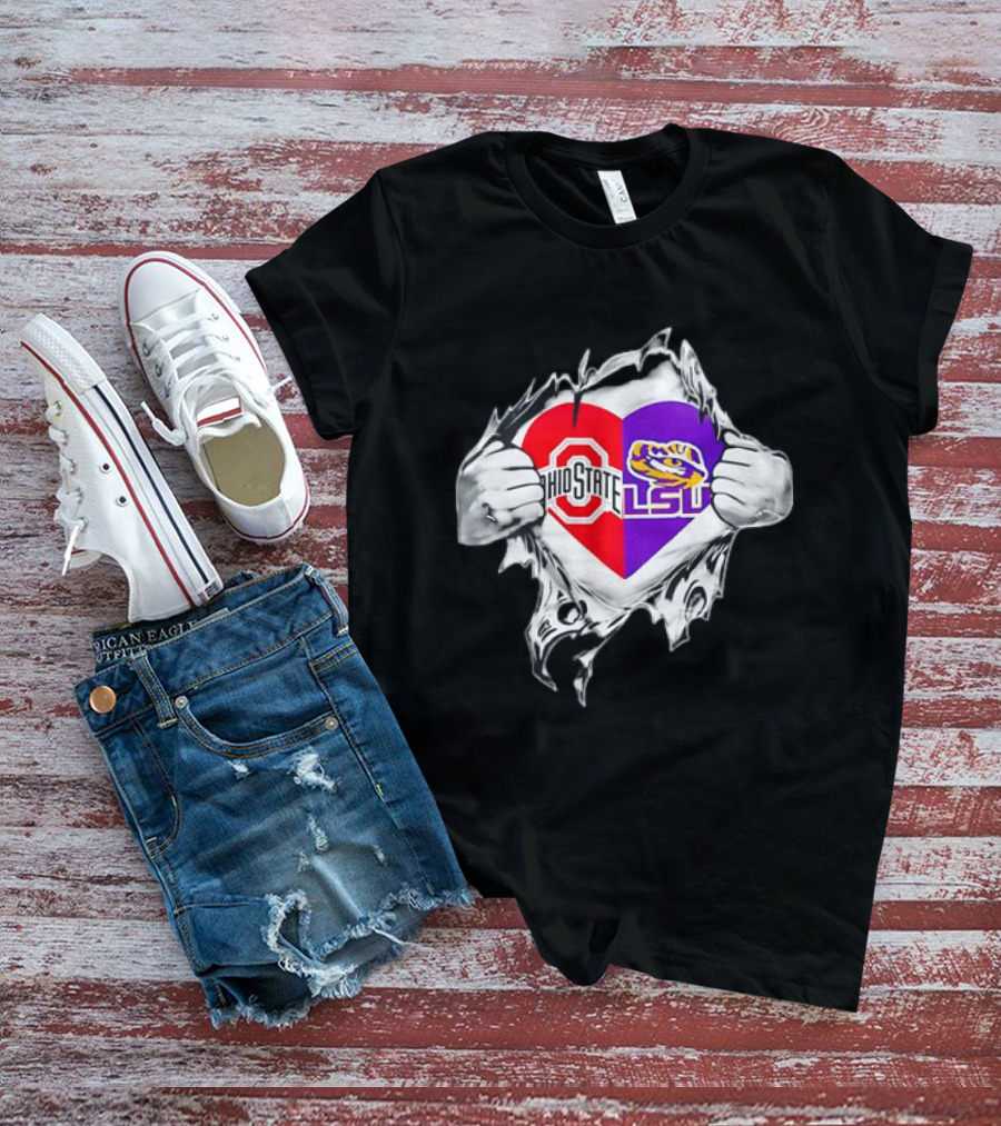 Ohio State LSU Heart Ripped Open Fan T-Shirt