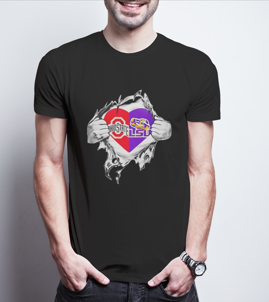 Ohio State LSU Heart Ripped Open Fan T-Shirt