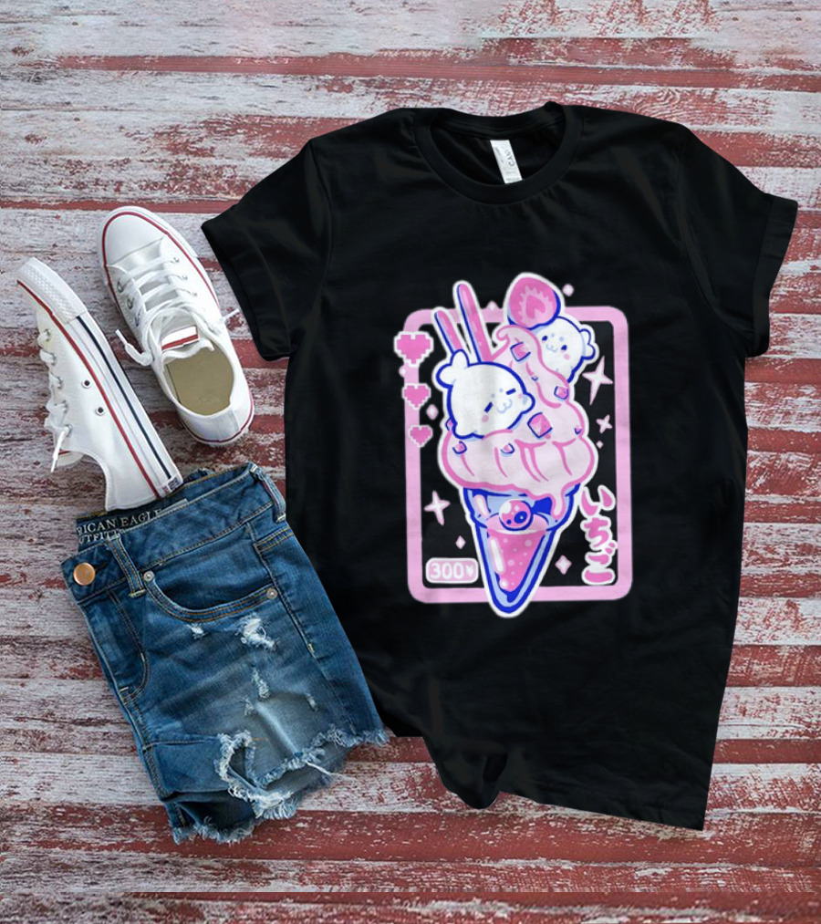 Kawaii Strawberry Ice Cream With Seals And 300 Yen Cute Hearts T-Shirt