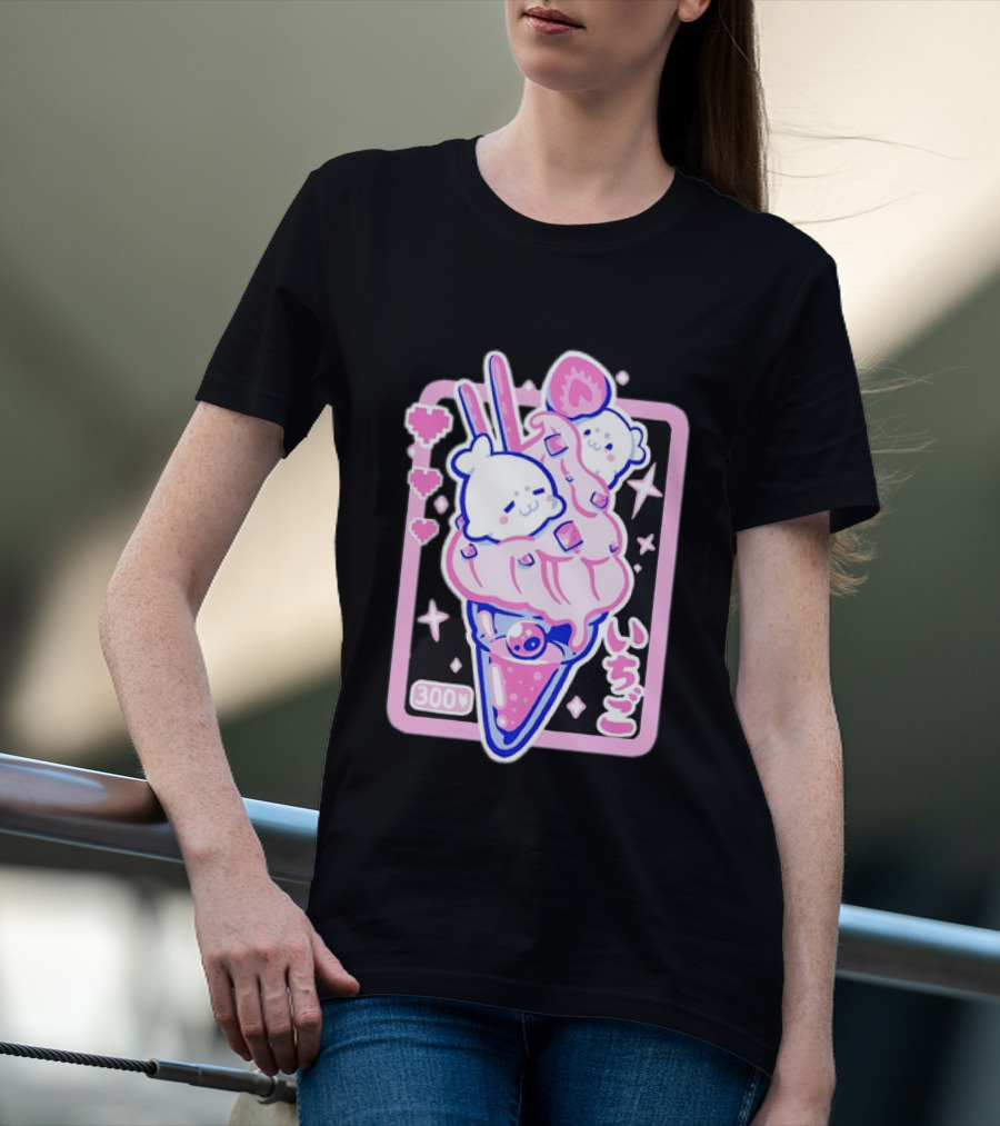 Kawaii Strawberry Ice Cream With Seals And 300 Yen Cute Hearts T-Shirt