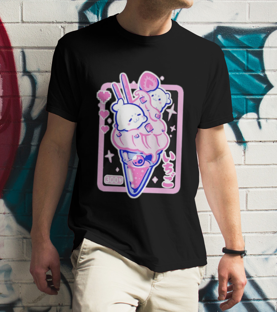 Kawaii Strawberry Ice Cream With Seals And 300 Yen Cute Hearts T-Shirt