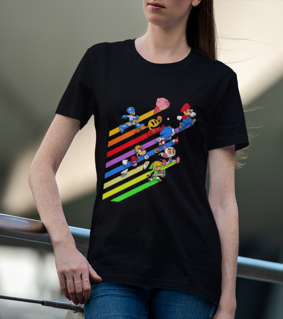 Legends Gaming Mario Pac Man Mega Man Sonic Link Kirby Bomberman Rayman Characters T-Shirt