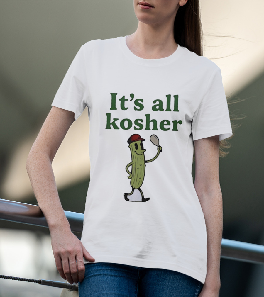 Kosher Pickle Cartoon With Baseball Cap And Spoon T-Shirt