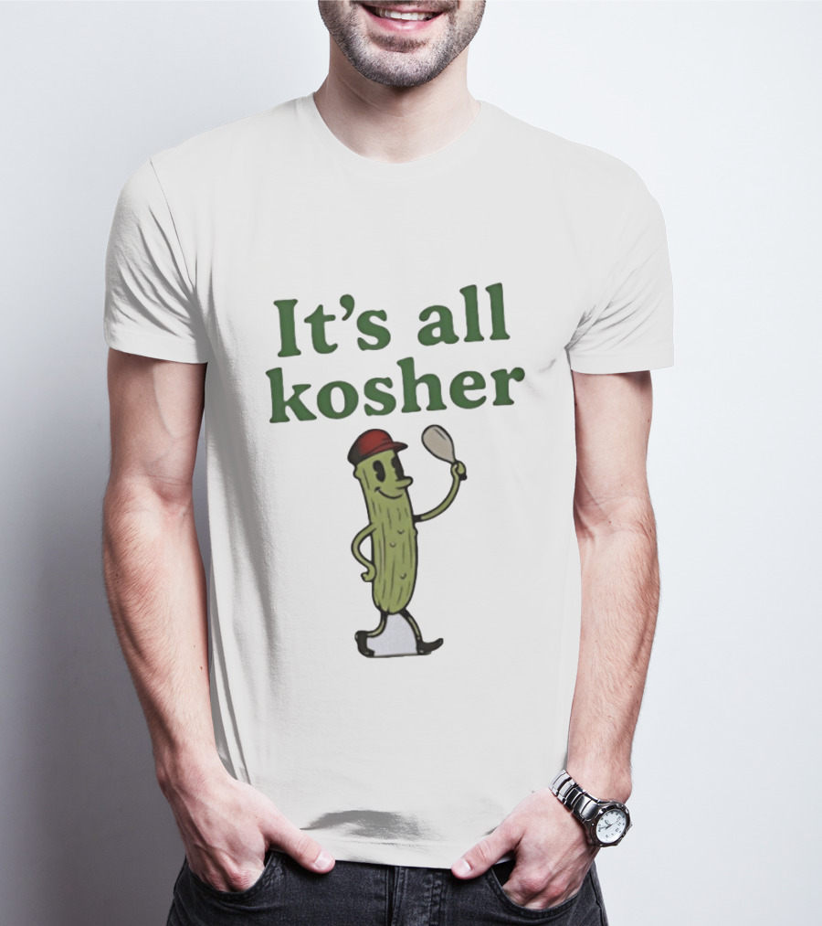 Kosher Pickle Cartoon With Baseball Cap And Spoon T-Shirt