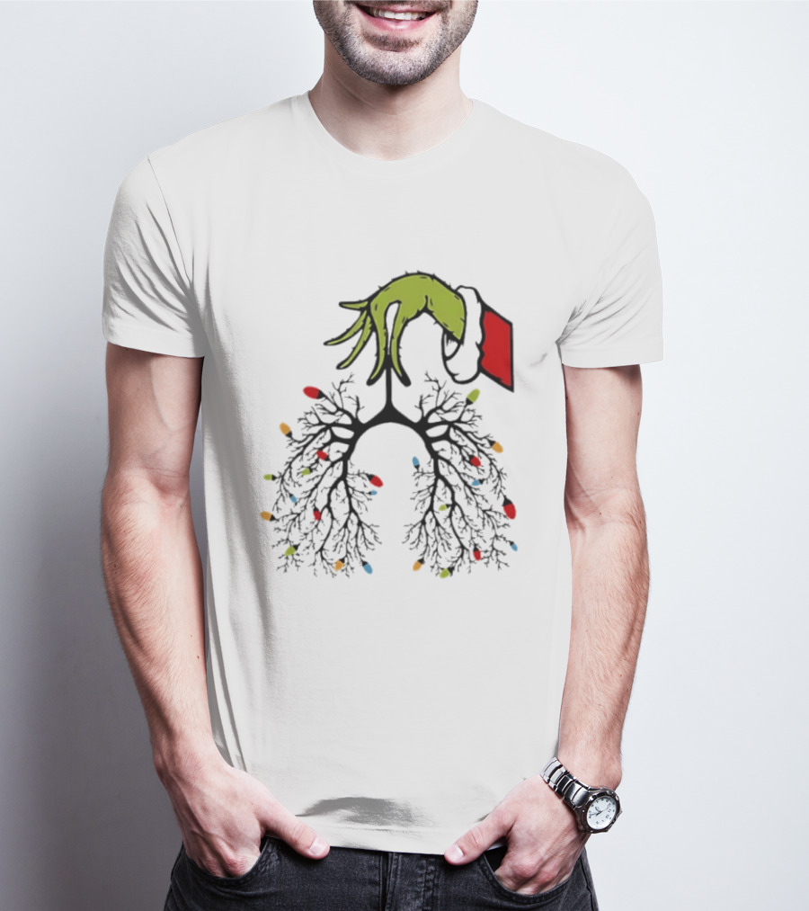 Christmas 2025 Nurse Lungs With Lights And Green Hand Santa Sleeve T-Shirt