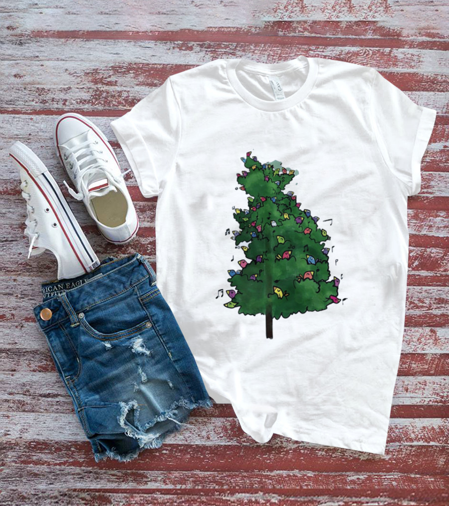 Colorful Singing Birds In Evergreen Tree With Musical Notes T-Shirt