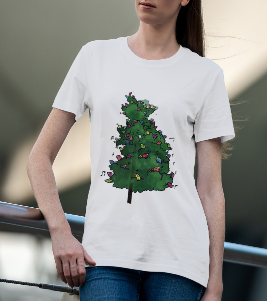 Colorful Singing Birds In Evergreen Tree With Musical Notes T-Shirt
