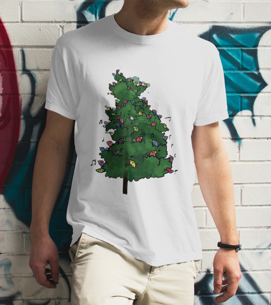Colorful Singing Birds In Evergreen Tree With Musical Notes T-Shirt