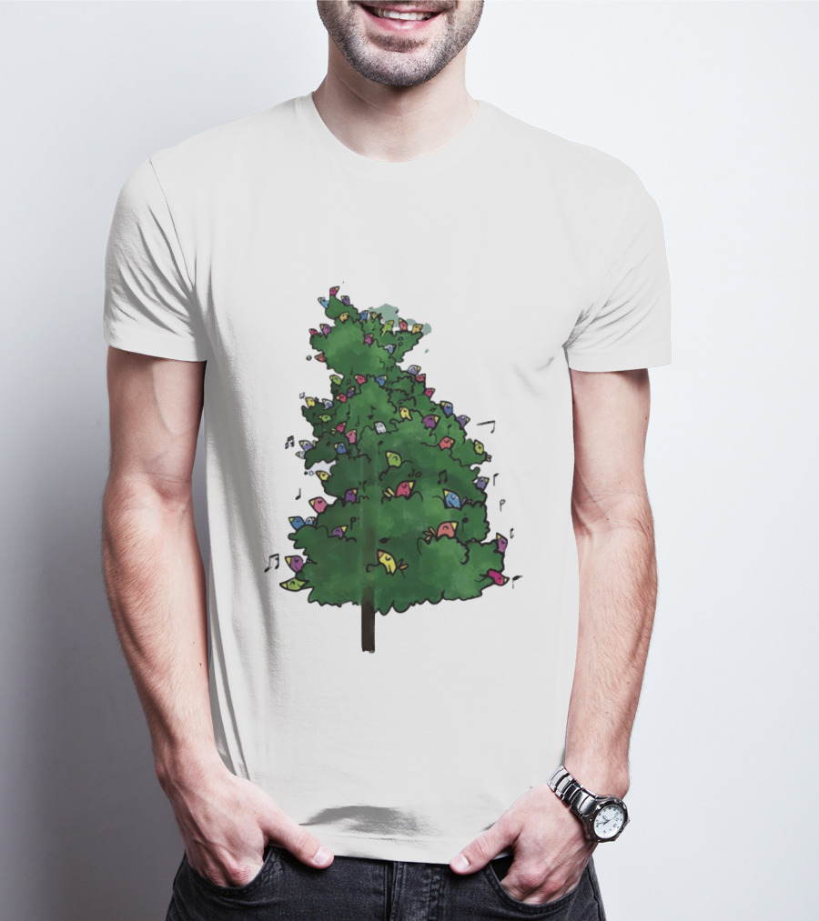 Colorful Singing Birds In Evergreen Tree With Musical Notes T-Shirt