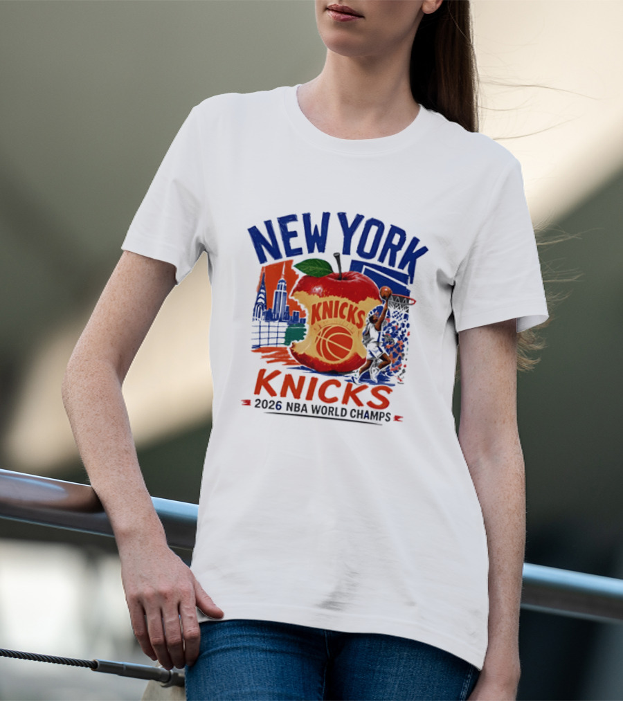 New York Knicks 2026 NBA World Champs Skyline Apple Basketball T-Shirt