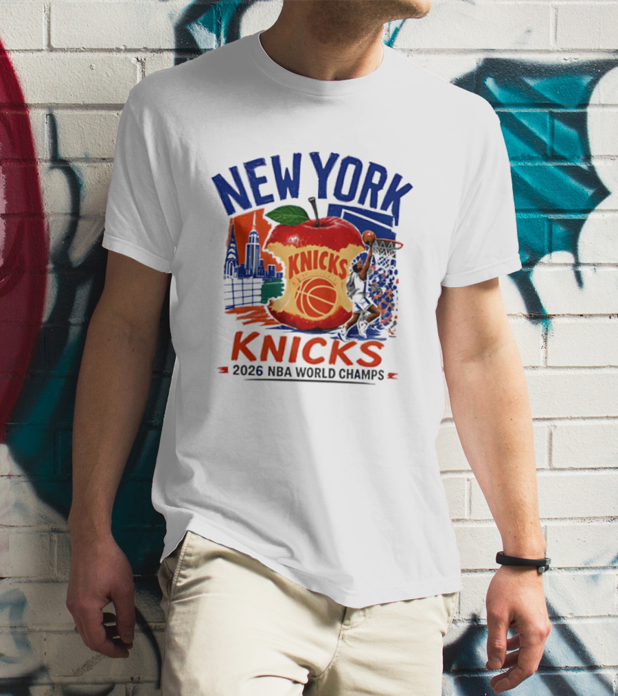 New York Knicks 2026 NBA World Champs Skyline Apple Basketball T-Shirt
