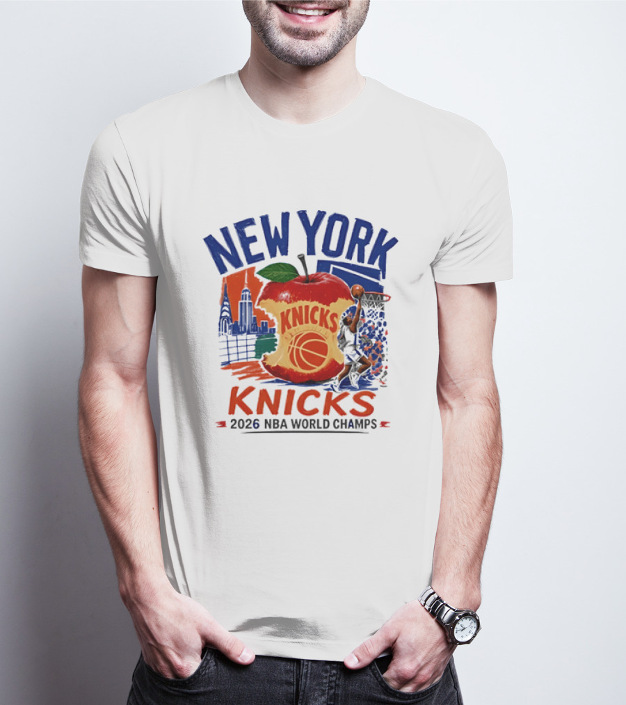 New York Knicks 2026 NBA World Champs Skyline Apple Basketball T-Shirt