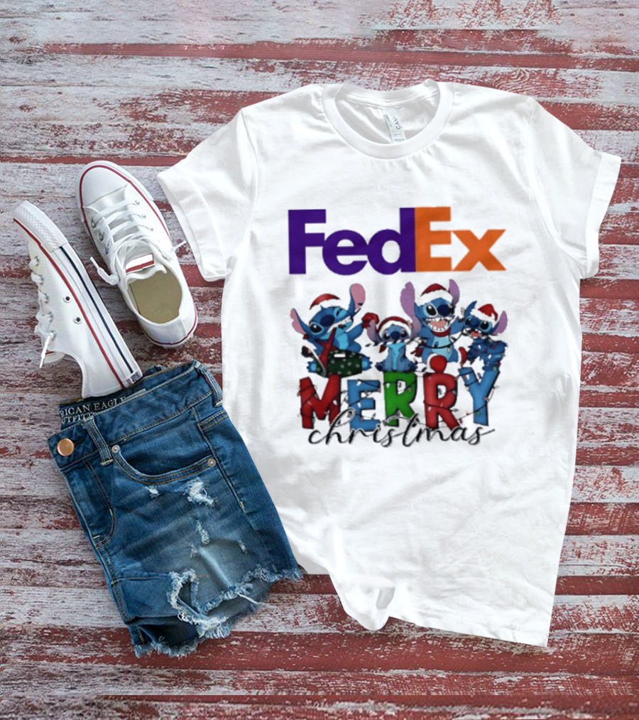 FedEx Stitch Merry Christmas 2025 Characters In Santa Hats T-Shirt