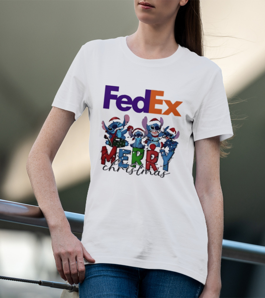 FedEx Stitch Merry Christmas 2025 Characters In Santa Hats T-Shirt