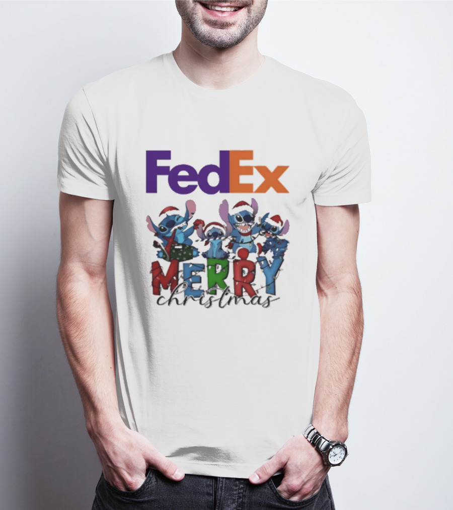 FedEx Stitch Merry Christmas 2025 Characters In Santa Hats T-Shirt
