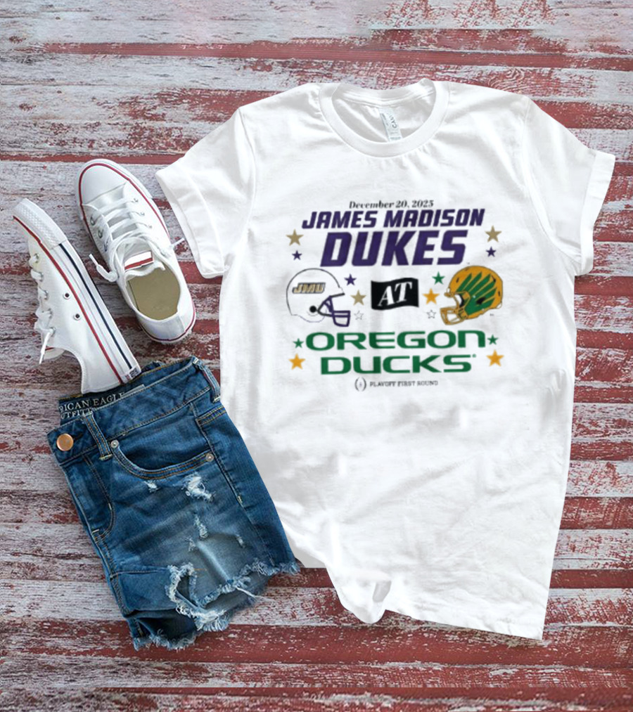James Madison Dukes Vs Oregon Ducks December 20 2025 CFP Playoff First Round T-Shirt