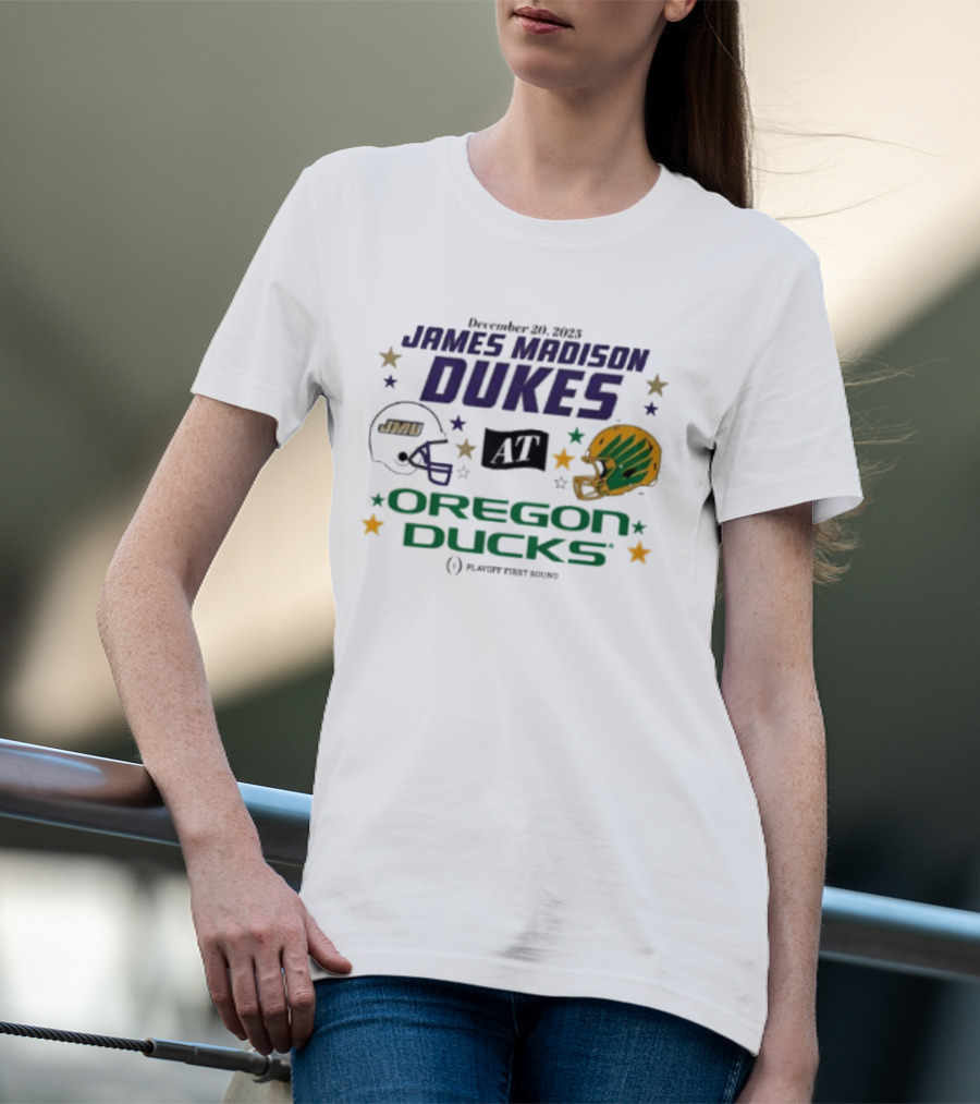 James Madison Dukes Vs Oregon Ducks December 20 2025 CFP Playoff First Round T-Shirt