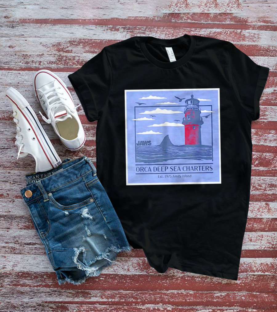 Jaws Orca Deep Sea Charters 1975 Amity Island Lighthouse Ocean Adventure T-Shirt