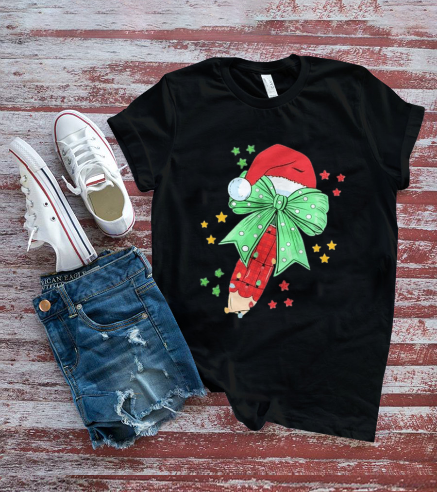 Christmas Elf Pen Candy Cane With Green Bow And Santa Hat T-Shirt