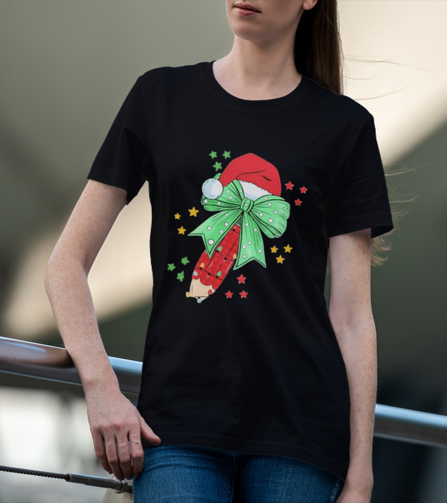 Christmas Elf Pen Candy Cane With Green Bow And Santa Hat T-Shirt