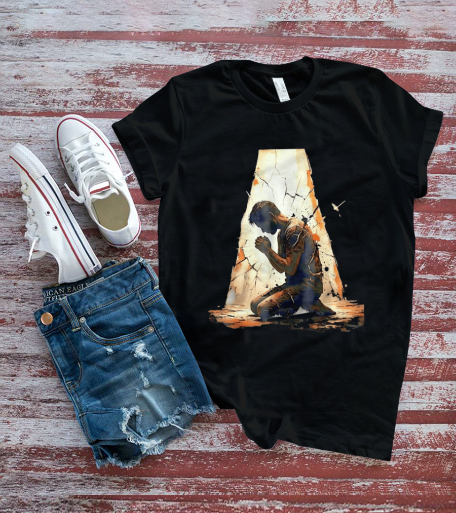 Man Kneeling In Prayer Spiritual Faith Devotion Cracked Wall And Light T-Shirt