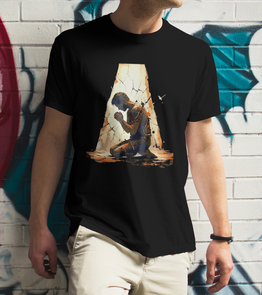 Man Kneeling In Prayer Spiritual Faith Devotion Cracked Wall And Light T-Shirt