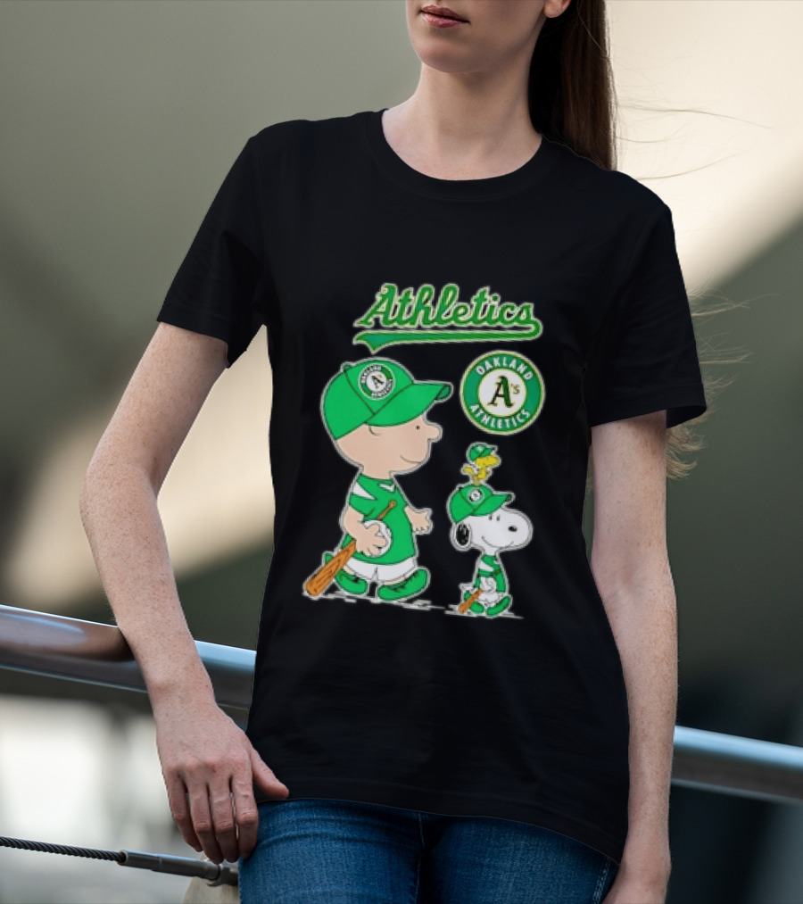 Oakland Athletics MLB Charlie Brown Snoopy Woodstock Baseball Peanuts Characters T-Shirt