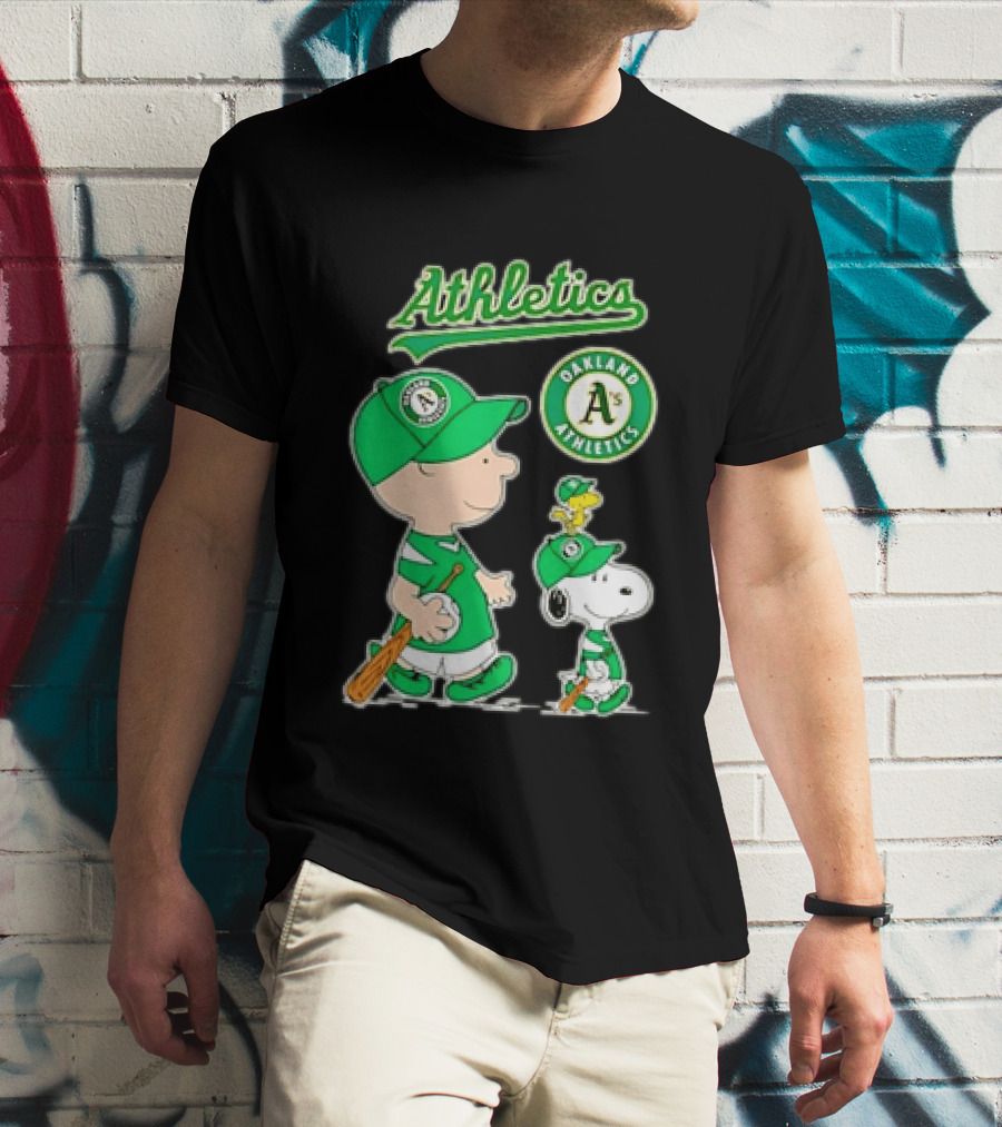 Oakland Athletics MLB Charlie Brown Snoopy Woodstock Baseball Peanuts Characters T-Shirt