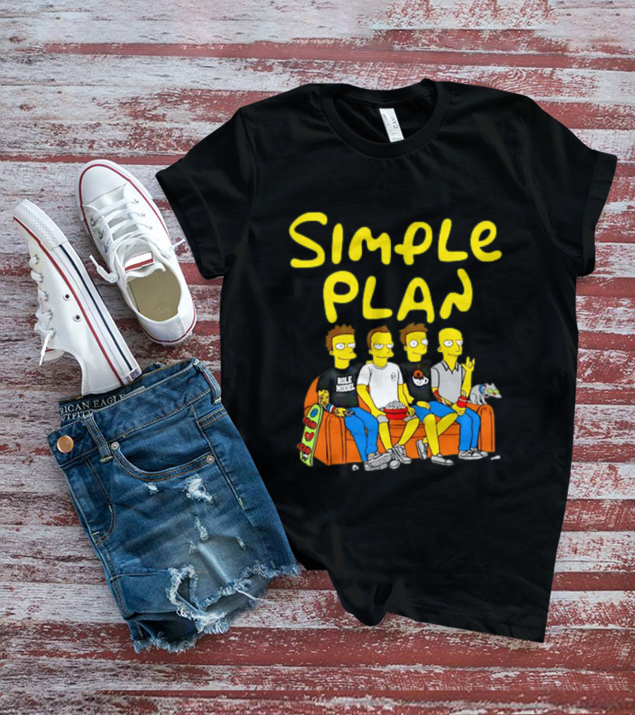 Simple Plan Band Members Cartoon Style On Couch T-Shirt