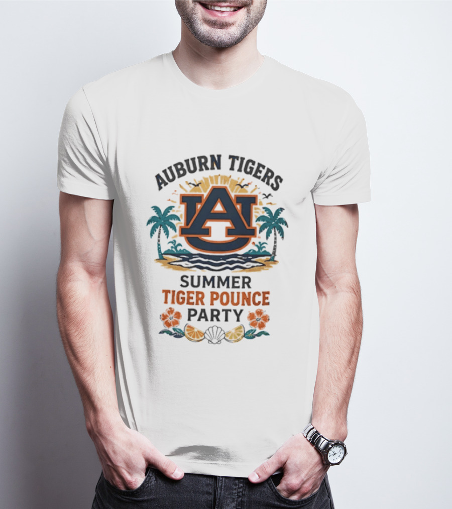 Auburn Tigers Summer Tiger Pounce Party Tropical Beach Scene T-Shirt