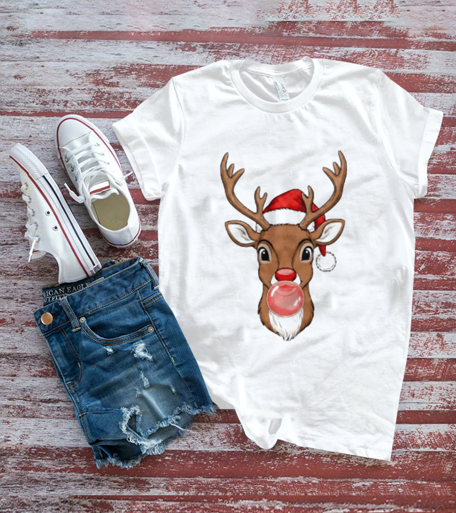 Merry Christmas Reindeer Santa Hat Bubble Gum Red Nose T-Shirt
